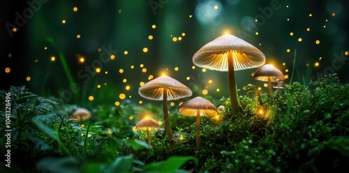 Enchanted forest with softly glowing mushrooms illuminating the lush undergrowth in a magical twilight setting.