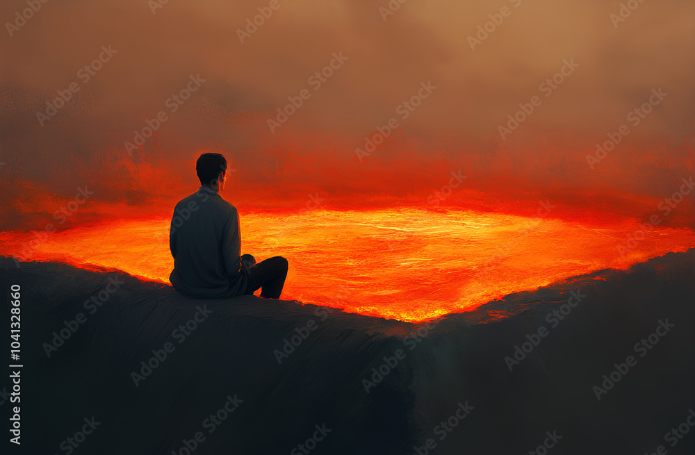 A man sits alone on a cliff edge overlooking a vast expanse of fiery lava. A man sits alone on a cliff edge overlooking a vast expanse of fiery lava.