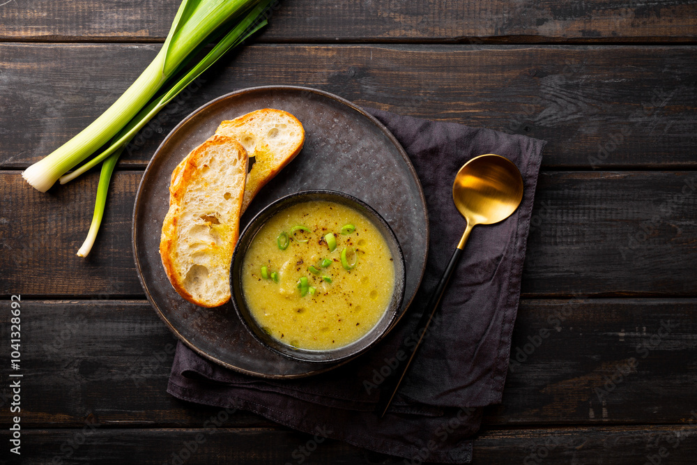 A cup of leek soup with toasted bread on dark wooden background top view A cup of leek soup with toasted bread on dark wooden background top view