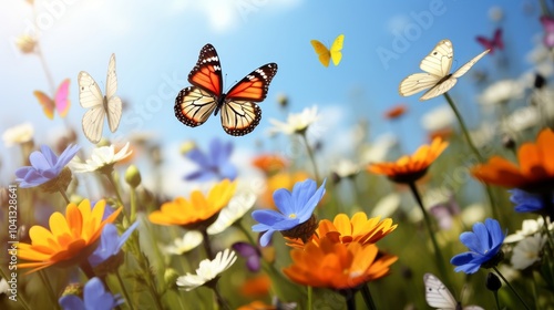 butterfly flly around flowers field photo