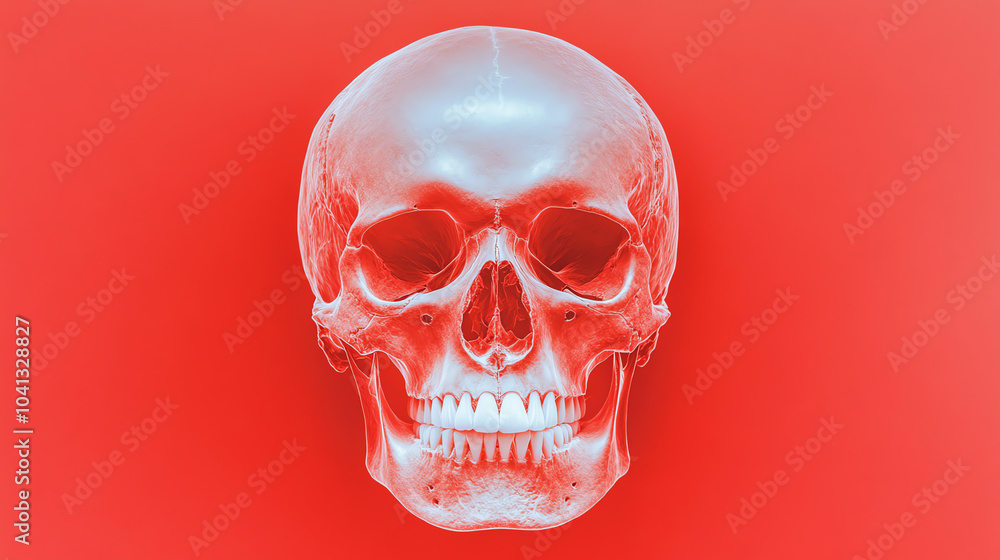A stunning 3D rendered transparent human skull against a vibrant red background, highlighting intricate bone structures and details. A stunning 3D rendered transparent human skull against a vibrant red background, highlighting intricate bone structures and details.