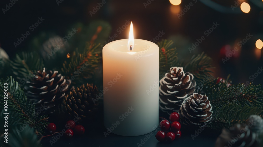 Festive candle glowing on a holiday table adorned with pinecones and vibrant berries, creating a warm and cozy ambiance. Festive candle glowing on a holiday table adorned with pinecones and vibrant berries, creating a warm and cozy ambiance.