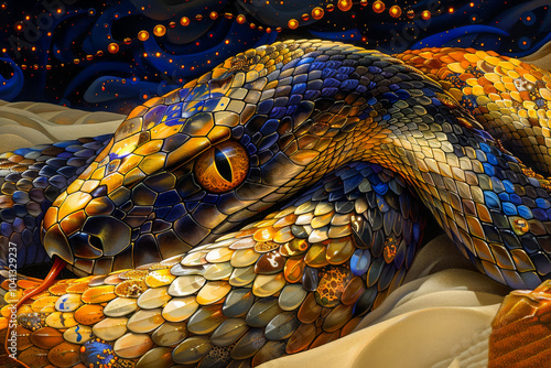 Snakes in the Desert.  Generative image.  A generated image of a snake in the desert in the symbolist  art style. photo