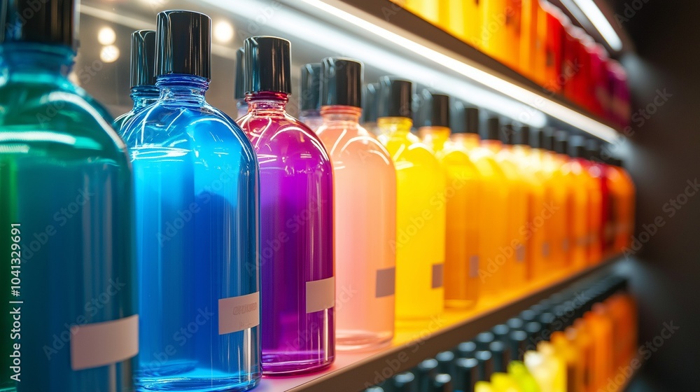 Colorful shampoo bottles lined up on a salon shelf, brightly illuminated by fluorescent lighting Colorful shampoo bottles lined up on a salon shelf, brightly illuminated by fluorescent lighting