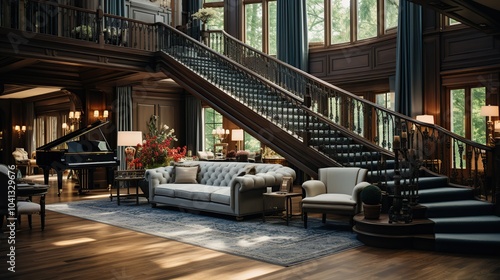 A grand staircase with a sweeping curve leads up to a second floor landing in a luxurious mansion