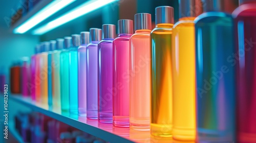 Colorful shampoo bottles lined up on a salon shelf