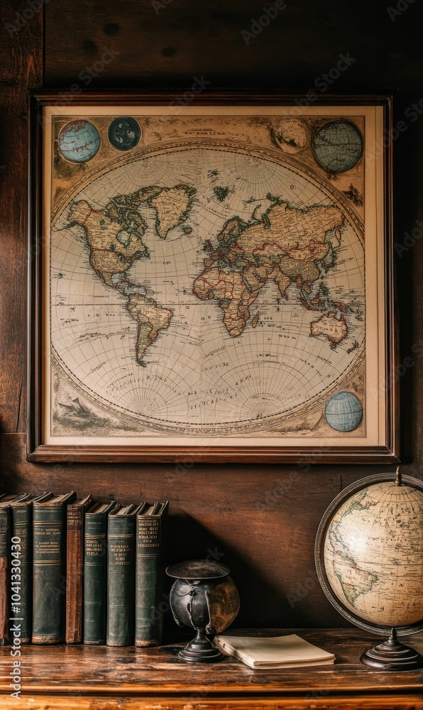Fototapeta premium Vintage globe, books, and antique map.