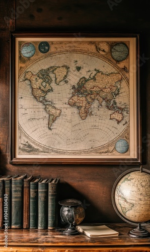 Vintage globe, books, and antique map.