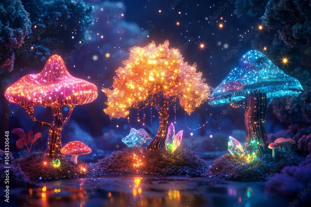 A magical forest filled with glowing mushrooms and vibrant colors. These colorful plants shine in the dark. Nature and fantasy blend beautifully. Generative AI. A magical forest filled with glowing mushrooms and vibrant colors. These colorful plants shine in the dark. Nature and fantasy blend beautifully. Generative AI.