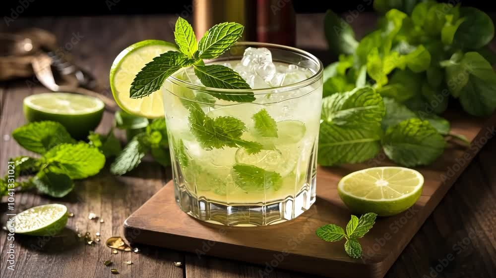 Refreshing mojito cocktail sitting on bar with limes and mint Refreshing mojito cocktail sitting on bar with limes and mint