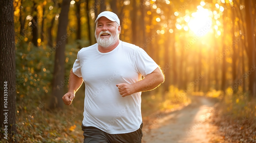 Embracing the joy of running a senior man enjoys his morning jog in a serene forest setting with warm sunlight filtering through the trees Embracing the joy of running a senior man enjoys his morning jog in a serene forest setting with warm sunlight filtering through the trees