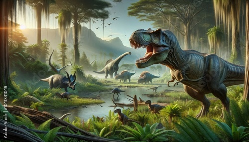 Realistic Digital Artwork of a Prehistoric Scene with Roaring Tyrannosaurus Rex, Grazing Herbivorous Dinosaurs, Lush Swampy Landscape, Flying Pterosaurs, and Distant Mountain Range