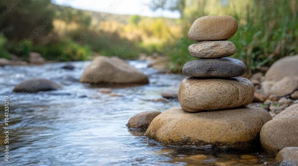 Tranquil Stone Stacking by the River Tranquil Stone Stacking by the River