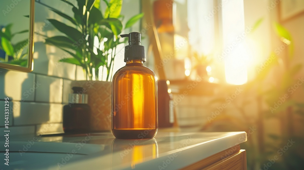 amber-colored hair oil bottle on a bathroom shelf amber-colored hair oil bottle on a bathroom shelf