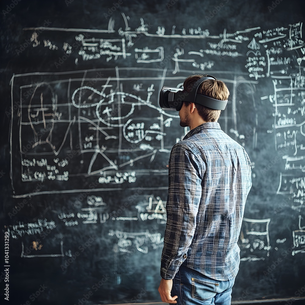 A person in VR headset solving complex math problems on a floating virtual blackboard symbolizing interactive education in a digital classroom A person in VR headset solving complex math problems on a floating virtual blackboard symbolizing interactive education in a digital classroom