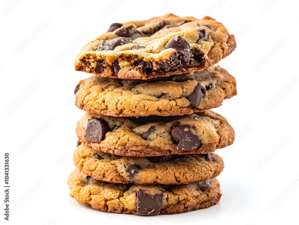 Freshly Baked Chocolate Chip Cookies Stacked on a White Background a Tasty Snack or Dessert Concept Freshly Baked Chocolate Chip Cookies Stacked on a White Background a Tasty Snack or Dessert Concept