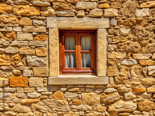 Rustic Beige Stone Wall with Closed Window Frame - Vertical Format