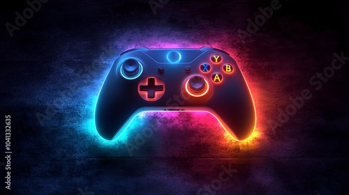 video game controller on black background. neon lights