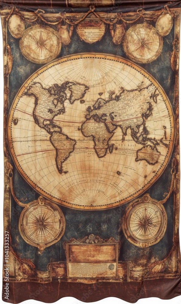 Antique world map with ornate compass details. Antique world map with ornate compass details.