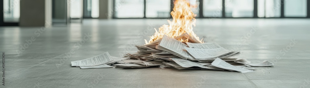 Burning papers symbolizing destruction and loss, in an empty modern space. Burning papers symbolizing destruction and loss, in an empty modern space.