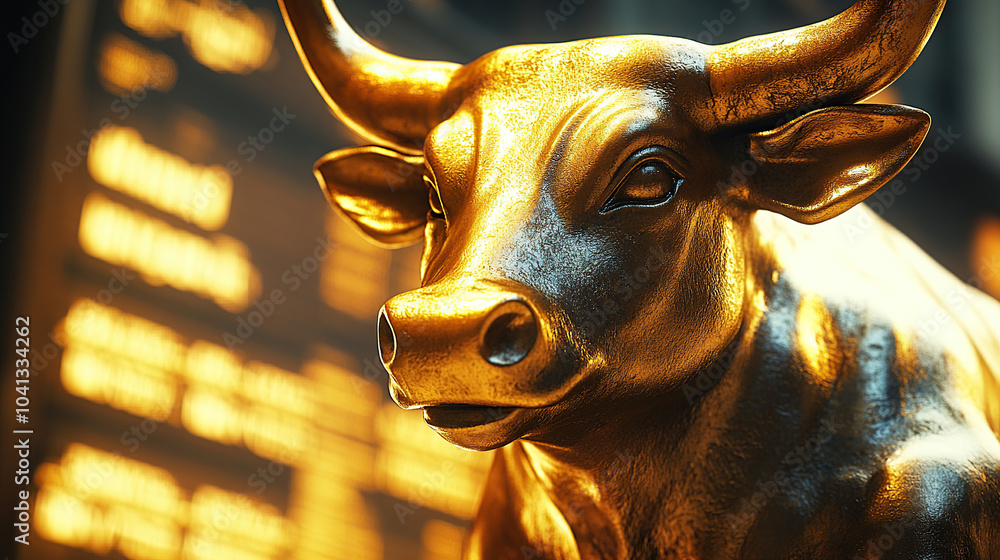 A golden bull figure standing on a dynamic stock market graph background with volumetric lighting A golden bull figure standing on a dynamic stock market graph background with volumetric lighting