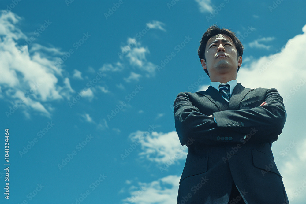 Confident young Asian Japanese businessman standing outdoors sharp suit arms crossed under bright blue sky cloud male model suit formal low Elevation angle low authority strength portrait professional Confident young Asian Japanese businessman standing outdoors sharp suit arms crossed under bright blue sky cloud male model suit formal low Elevation angle low authority strength portrait professional