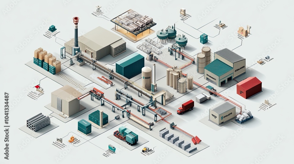 Isometric infographic showing the flow of a supply chain, from manufacturing to retail, with icons and arrows Isometric infographic showing the flow of a supply chain, from manufacturing to retail, with icons and arrows