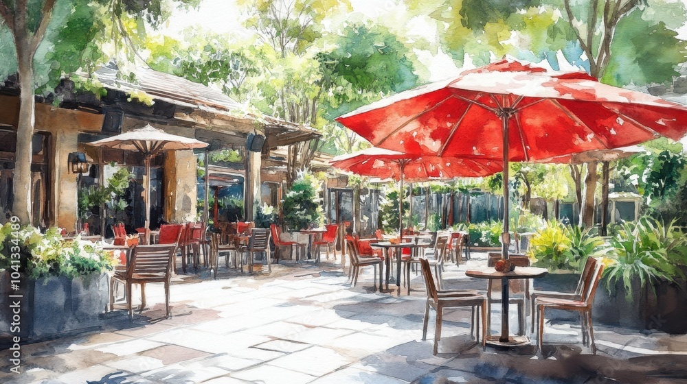 Vibrant Outdoor Cafe with Red Umbrellas Vibrant Outdoor Cafe with Red Umbrellas