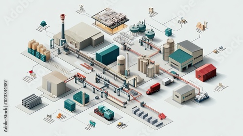 Isometric infographic showing the flow of a supply chain, from manufacturing to retail, with icons and arrows