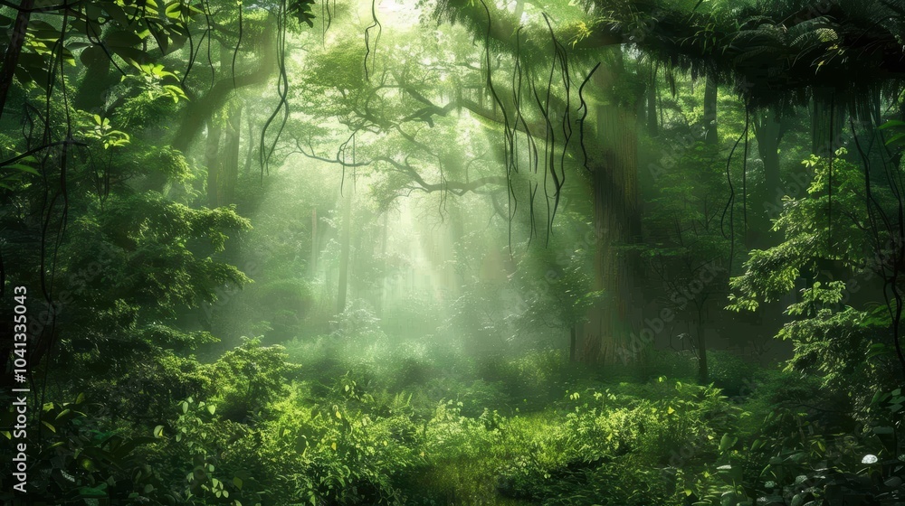Fototapeta premium Lush Jungle Scene with Vines and Light Rays