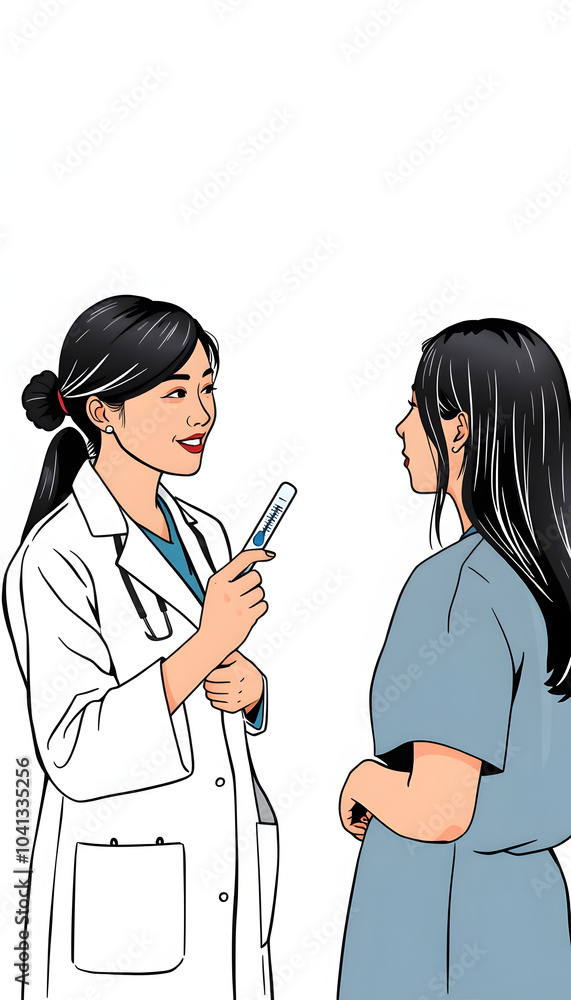 Asian psychologist women showing thermometer to explaining for reading temperature results about testing fever to patient while giving counseling mental health therapy to female patient in clinic is