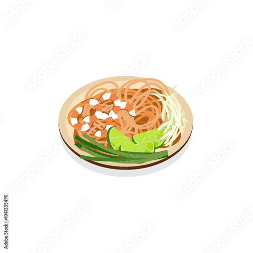 An illustration of Pad Thai, a typical Thai dish of stir-fried noodles with a mixture of shrimp, tofu, egg, peanuts, and bean sprouts, usually served with lime slices.