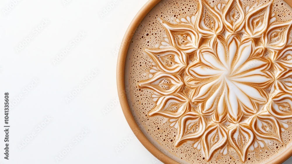 Obraz premium Intricate latte art in warm tones, perfect for showcasing creativity in a clean, text-friendly space.