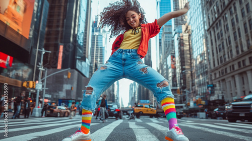 Dancing in the streets of New York. Cheerful woman dancing modern dance 