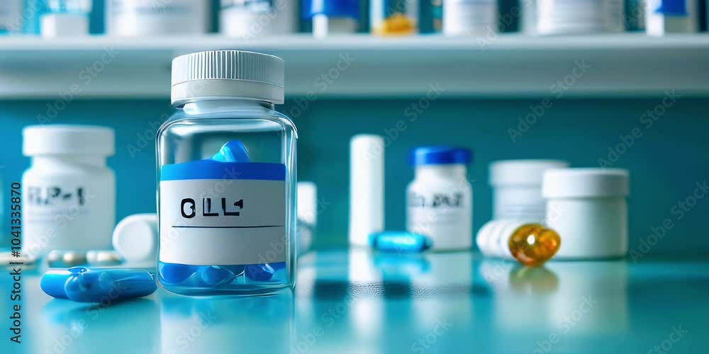 Close-up of a bottle of GLP-1 medication with capsules scattered on a blue surface. Close-up of a bottle of GLP-1 medication with capsules scattered on a blue surface.