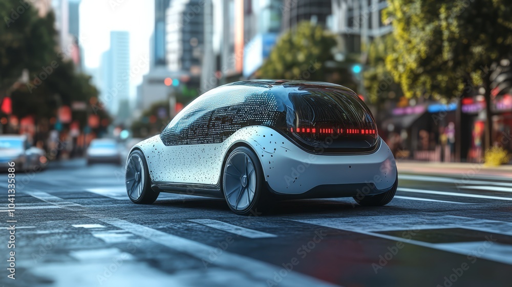 Futuristic Self-Driving Car in Urban Landscape Futuristic Self-Driving Car in Urban Landscape