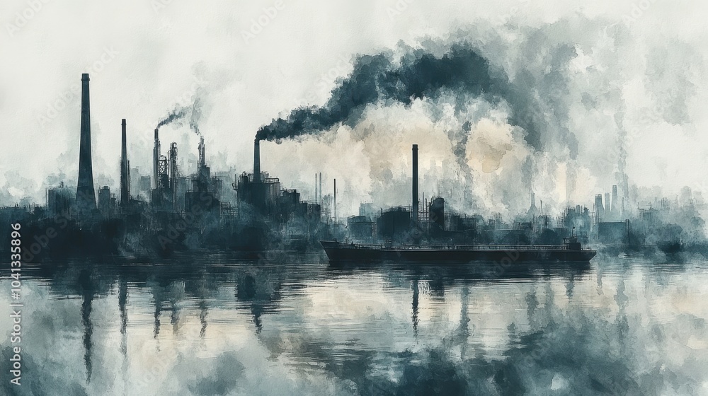 Industrial Landscape with Smokestacks and Reflection Industrial Landscape with Smokestacks and Reflection