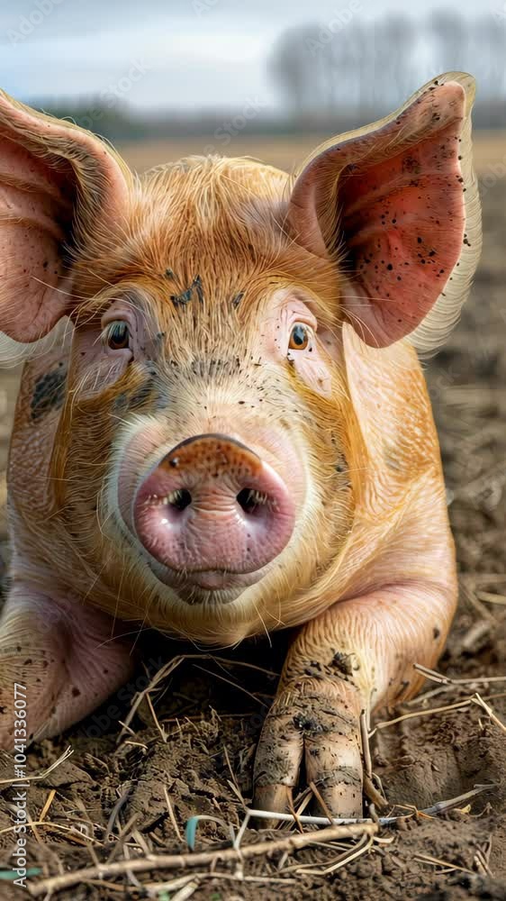 Piglet relaxing in mud while curiously observing its surroundings Piglet relaxing in mud while curiously observing its surroundings