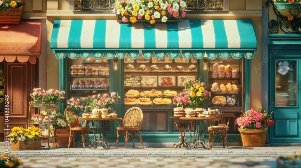 Charming Parisian Cafe with Flowers and Treats Charming Parisian Cafe with Flowers and Treats