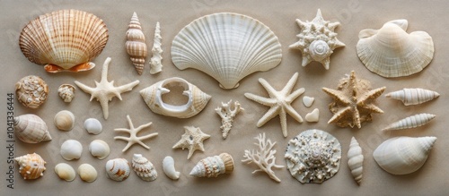A variety of seashells, including scallops, starfish, and snails, are arranged on a light brown background.