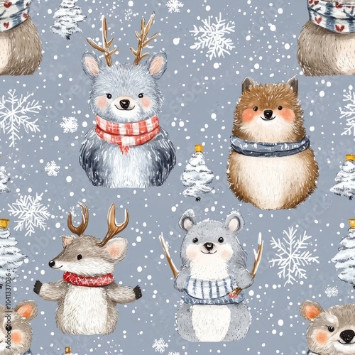 seamless pattern of winter animals wearing scarves against a snowy backdrop