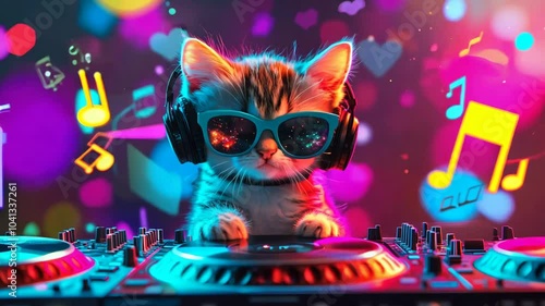 A cat wearing sunglasses and headphones is playing a DJ set
