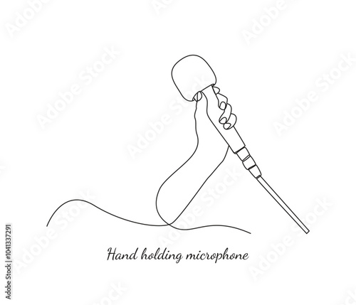 Continuous line drawing of hand holding microphone.
