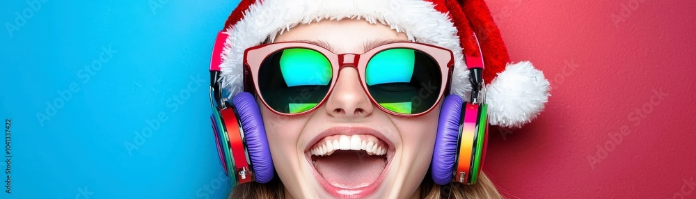 Joyful Young Woman in Festive Headphones