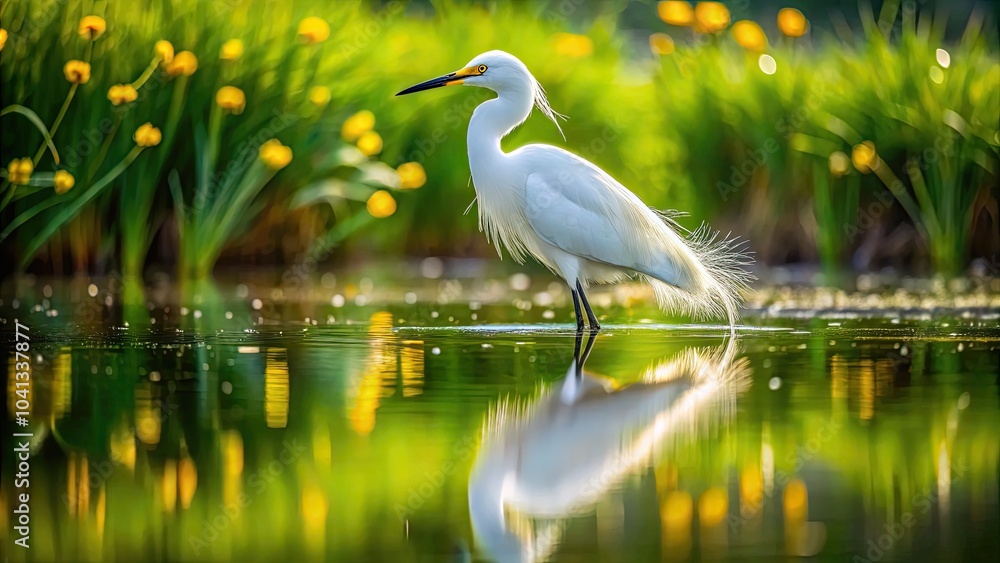 Obraz premium Stunning Drone Photography of Snowy Egret in Natural Habitat, Capturing the Elegance and Grace of This Shorebird in Vibrant Wetland Ecosystem, Ideal for Nature Enthusiasts and Wildlife Conservation