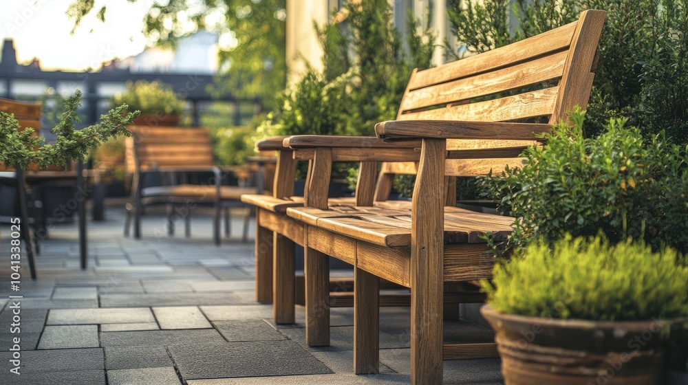 Obraz premium Wooden chairs and benches on a terrace, providing a laid-back area for casual outdoor relaxation.
