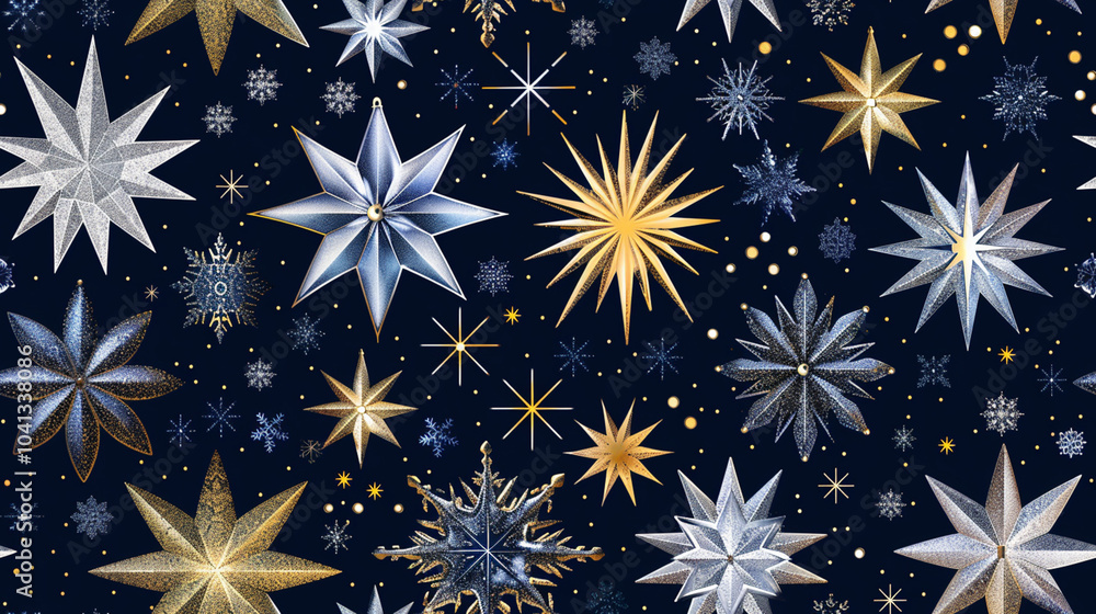 Pattern Christmas star patterns, sparkling in gold and silver on dark blue, creating an elegant and festive design Pattern Christmas star patterns, sparkling in gold and silver on dark blue, creating an elegant and festive design