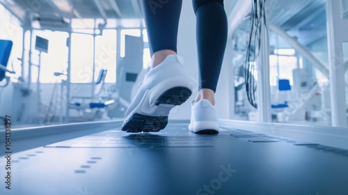 A physical therapist assessing a patient's gait with motion analysis equipment in a rehabilitation center, with motion sensors and analysis tools visible, Analytical style