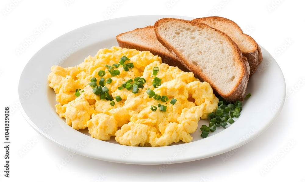 A plate of scrambled eggs, toast and sliced bread, Generative AI A plate of scrambled eggs, toast and sliced bread, Generative AI