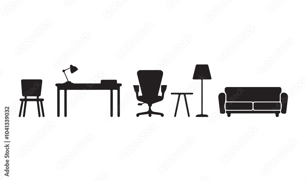 A set black and white silhouette Furniture collection isolated on a white background. A set black and white silhouette Furniture collection isolated on a white background.